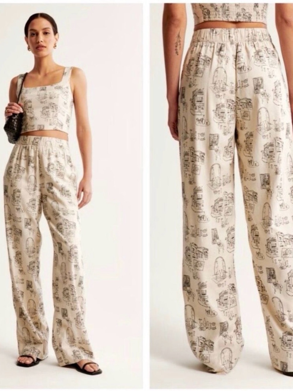 Abercrombie and Fitch Women's Cream Printed Wide-Leg Linen blend Pants